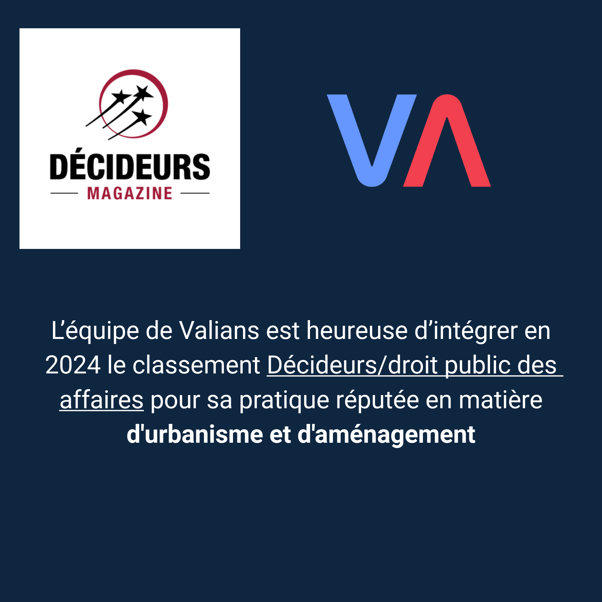 Le Cabinet Valians est heureux d’être classé pour l’année 2024 par le ...